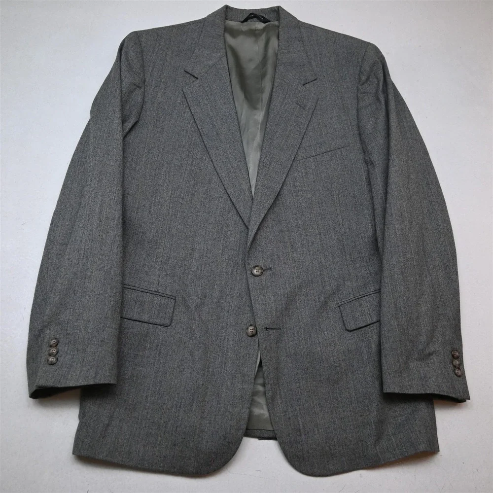 Vtg USA Made 42L 30x34 Gray Herringbone 100% Wool Flannel Mens Jacket Pants Suit